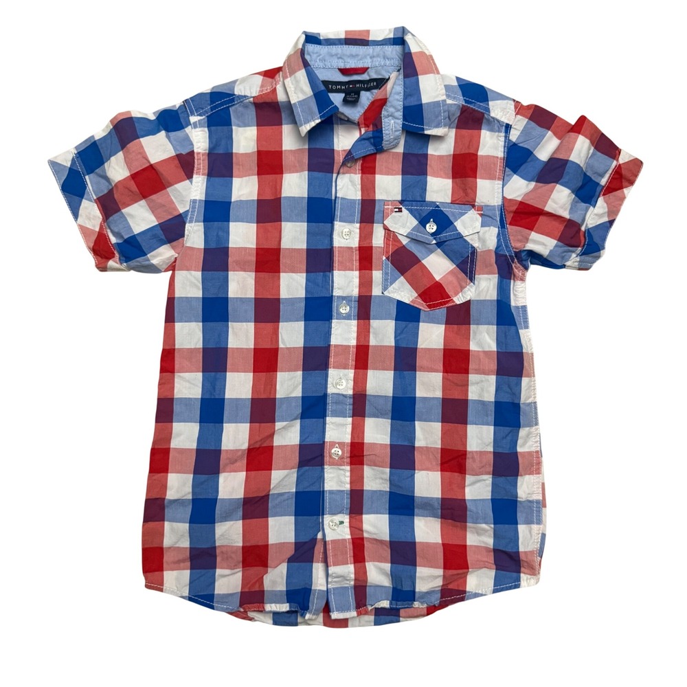 Tommy Hilfiger Red White Blue Plaid Button Down Shirt Boys Size M 12/14